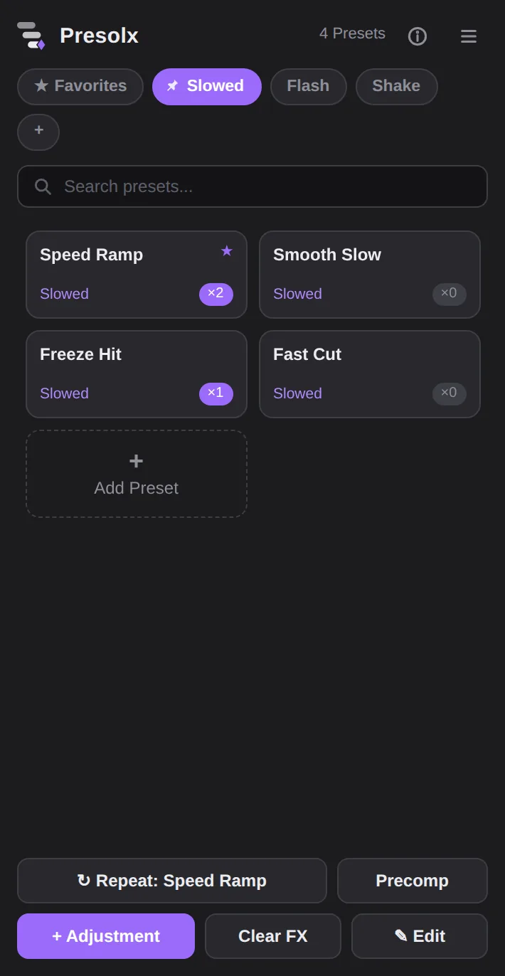 Quick tool buttons at the bottom of the panel